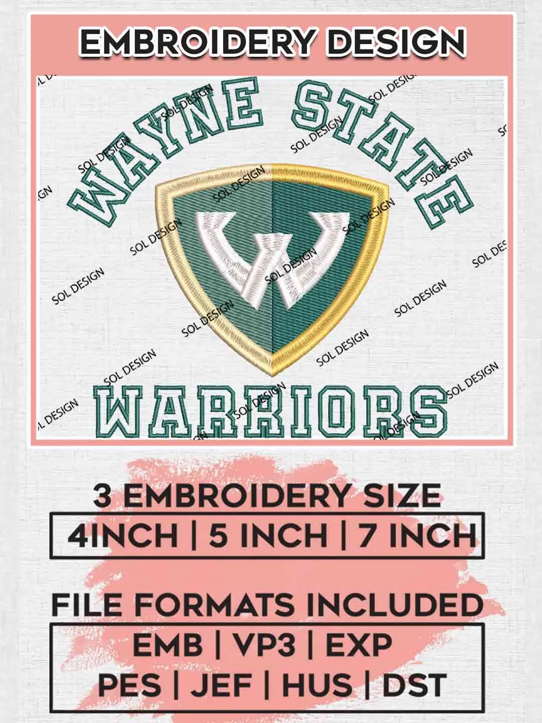 Wayne State Warrior Embroidery Design, Football Embroidery files, Sport Machine embroidery files, 3 sizes, Instant Download