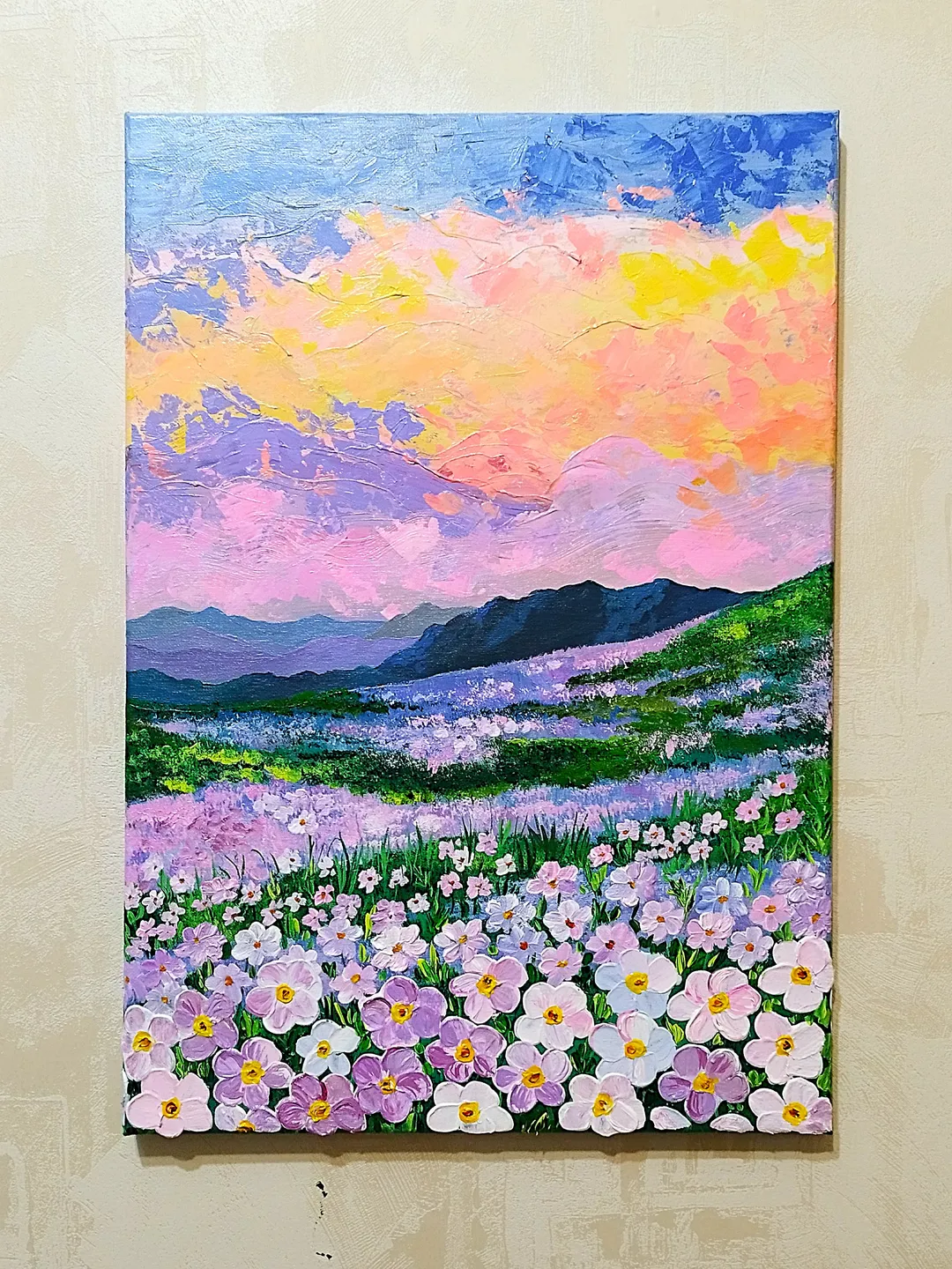Sunset painting landscape art wildflowers wall decor