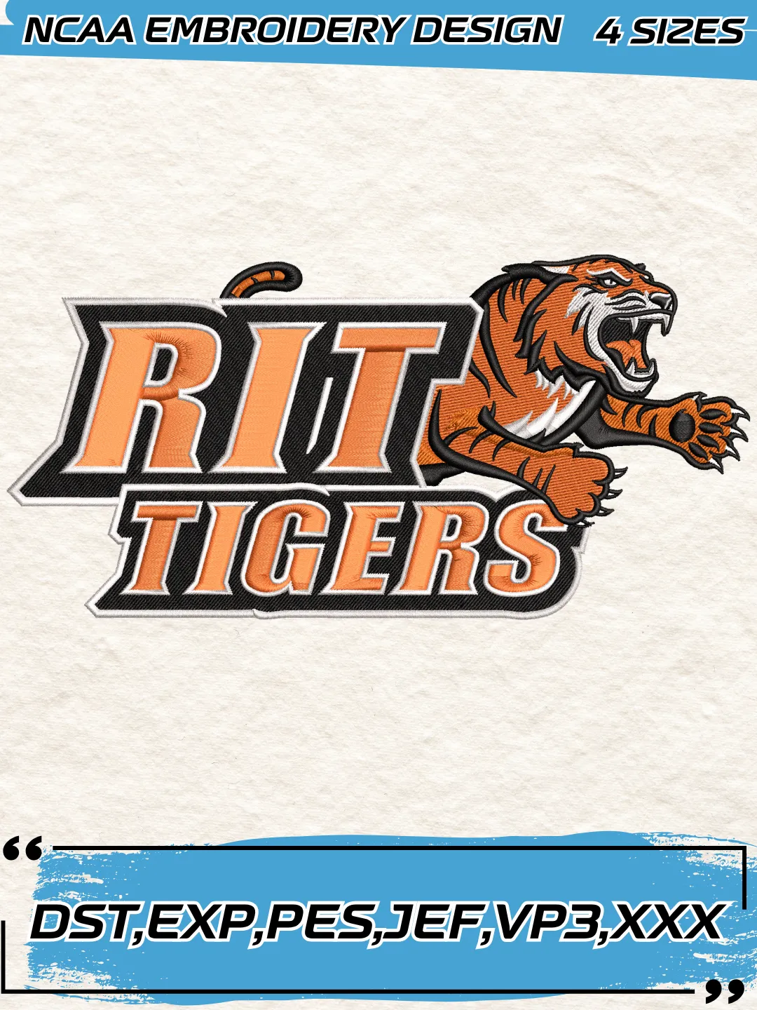 RIT Tigers Logo Embroidery Design,NCAA Logo Embroidery Design,Machine Embroidery Design File,4 Sizes, Digital Download