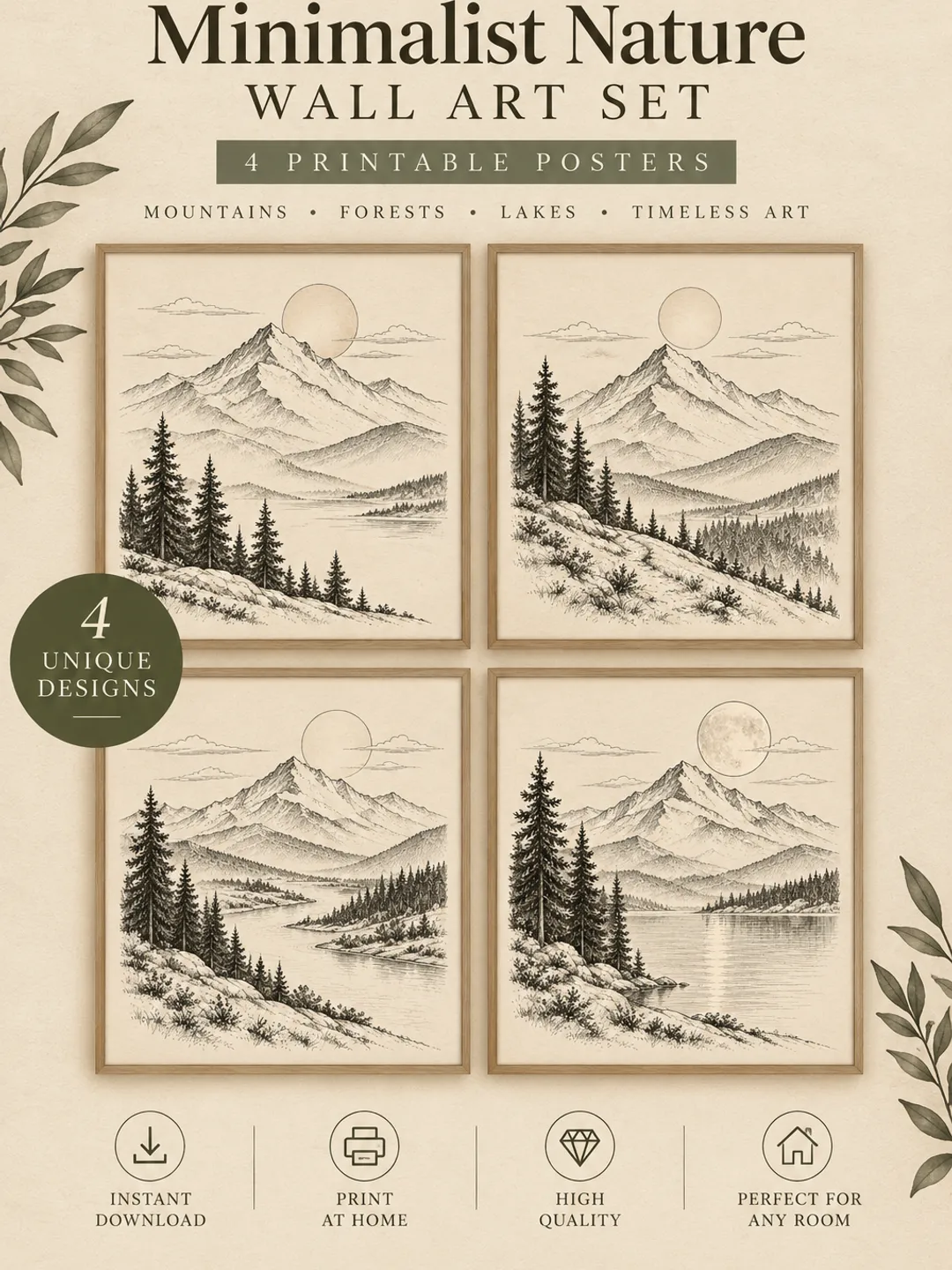 Minimalist Nature Wall Art Set – 4 Printable Mountain & Forest Posters