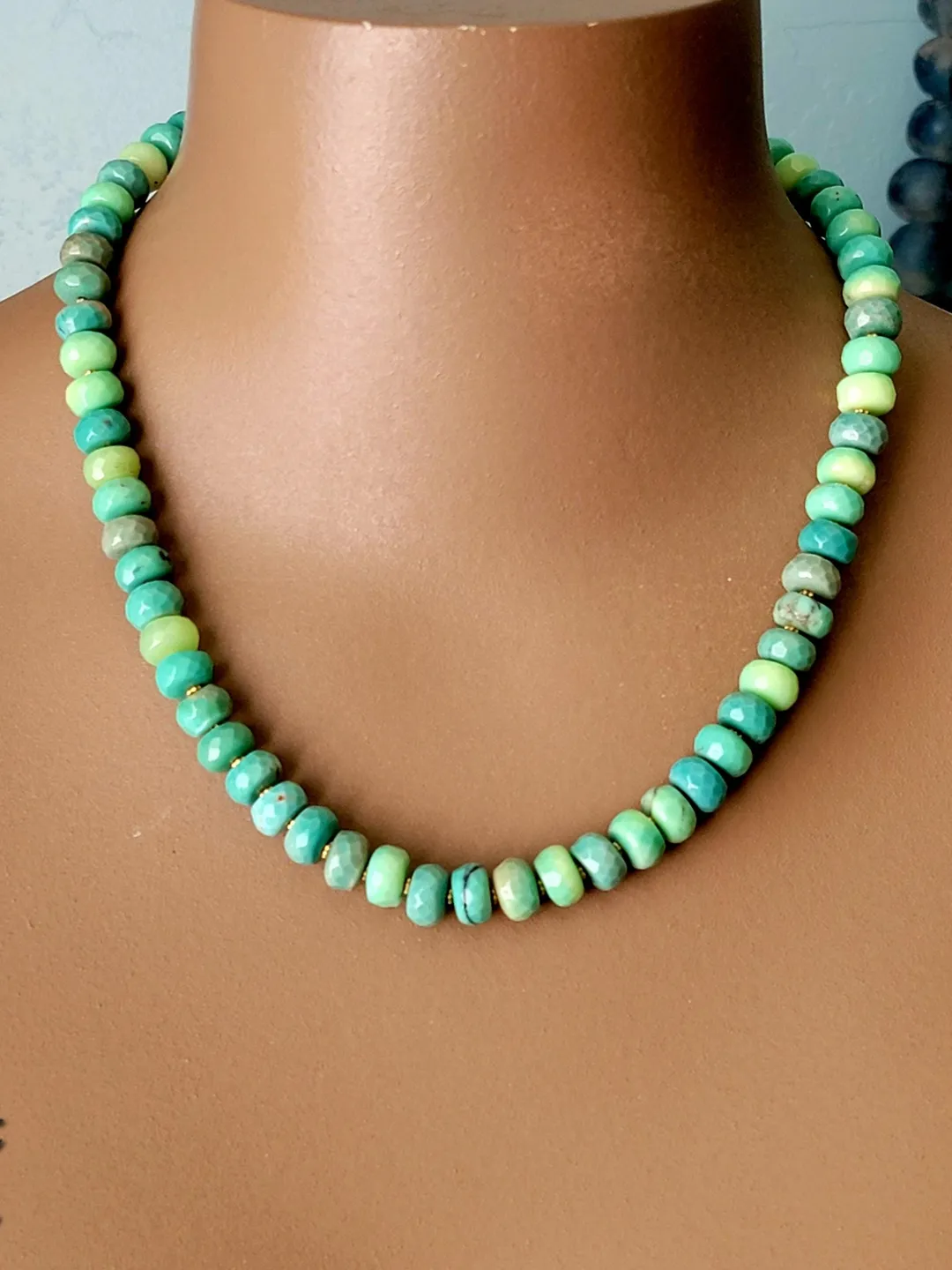 Chrysoprase Beaded Statement Necklace Everyday Necklace Faceted Natural Green Stone Rondell Beads, 14K Gold Filled Artist Detail, Adjustable