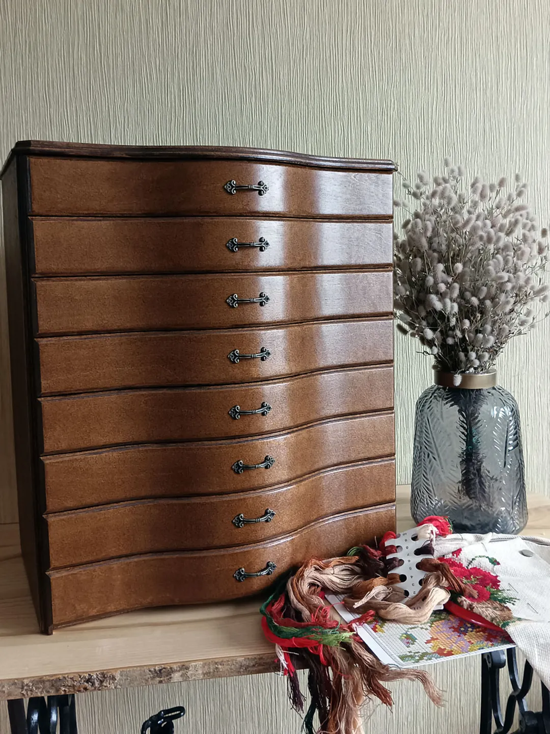 Floss storage cabinet for DMC floss bobbins and skeins, Stitching drawer box with curved faces in vintage style