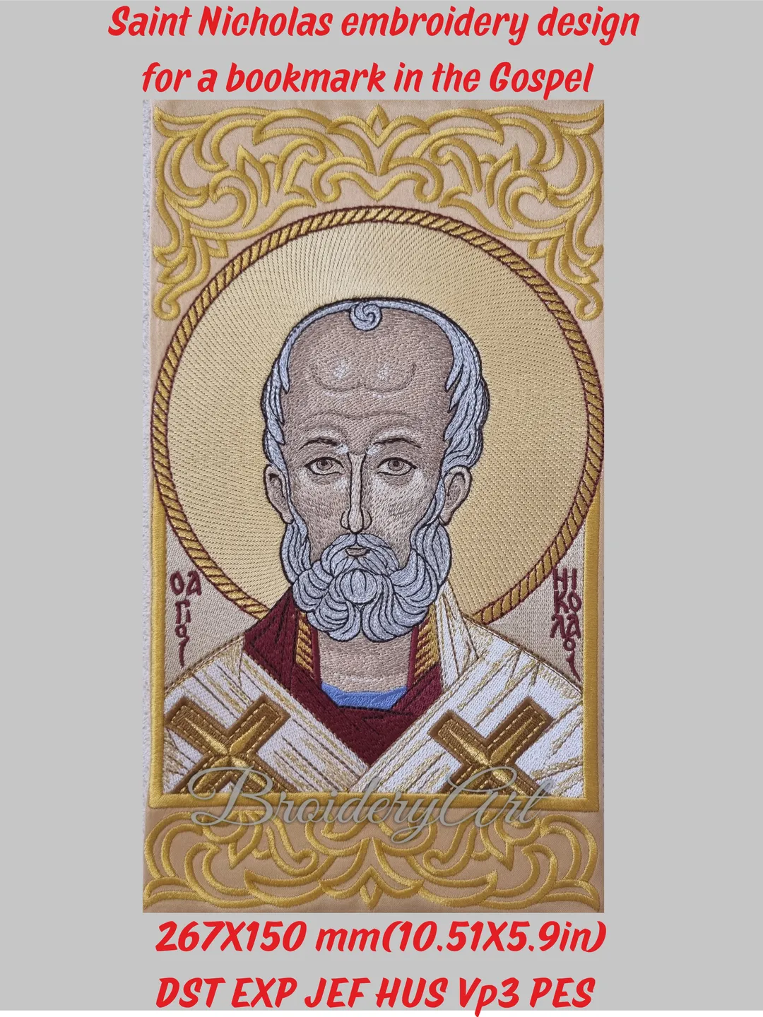 Saint Nicholas embroidery design for bookmark in the Gospel
