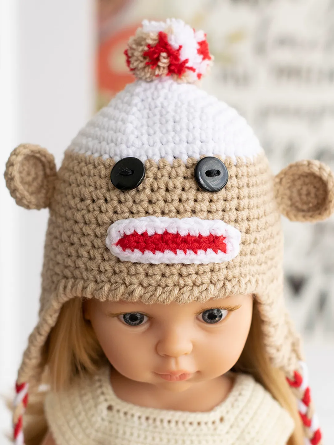 Monkey hat for Paola Reina doll, Meadowdolls Dumplings, Little Darling, Siblies, animals hat with ears for Halloween