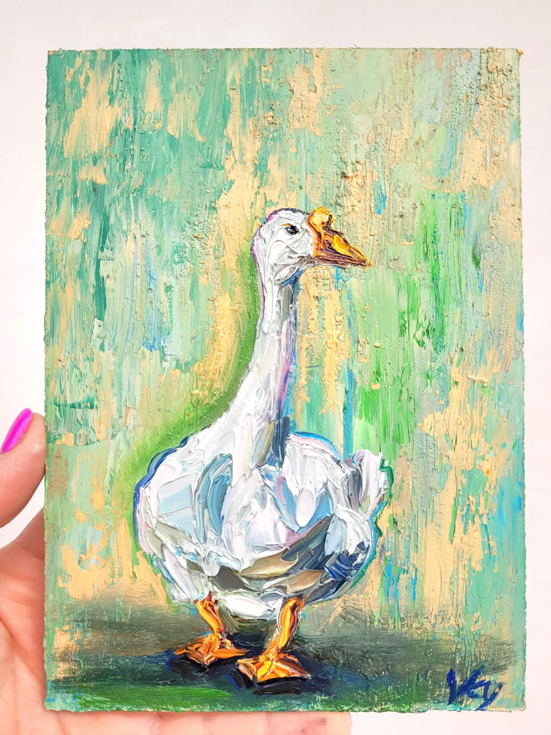 Goose Painting Farm Animals Painting Original Impasto Oil Painting 5x7 Duck Painting White Geese Painting Goose Art Bird Art by ArtFromVictoria