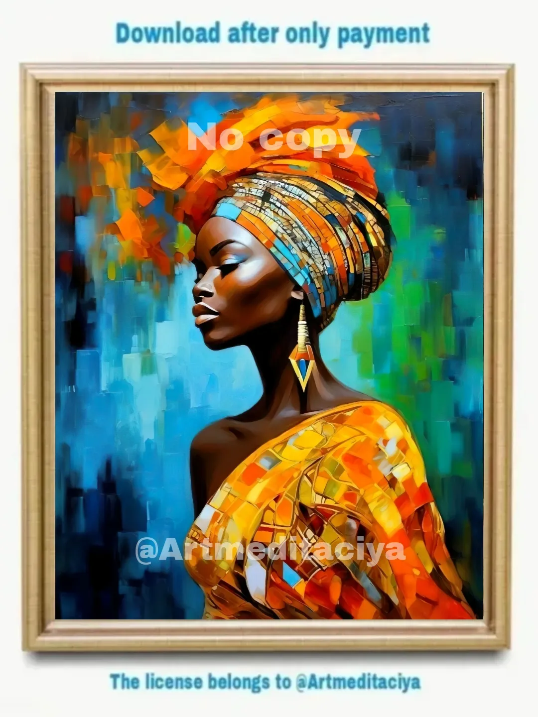 Digital abstract texture painting "Mysterious Mulatto woman" on an abstract blue-blue-green background. This is a vivid image of a beautiful African woman in a yellow-orange outfit and a turban in the style of oil painting
