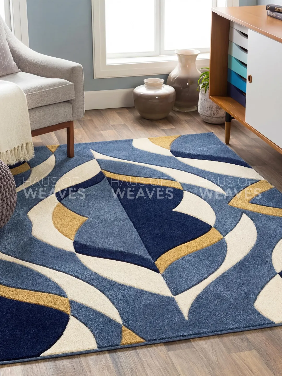Abstract Wavy Area Rug in Earthy Terracotta, Mustard, Sage and Blue ...