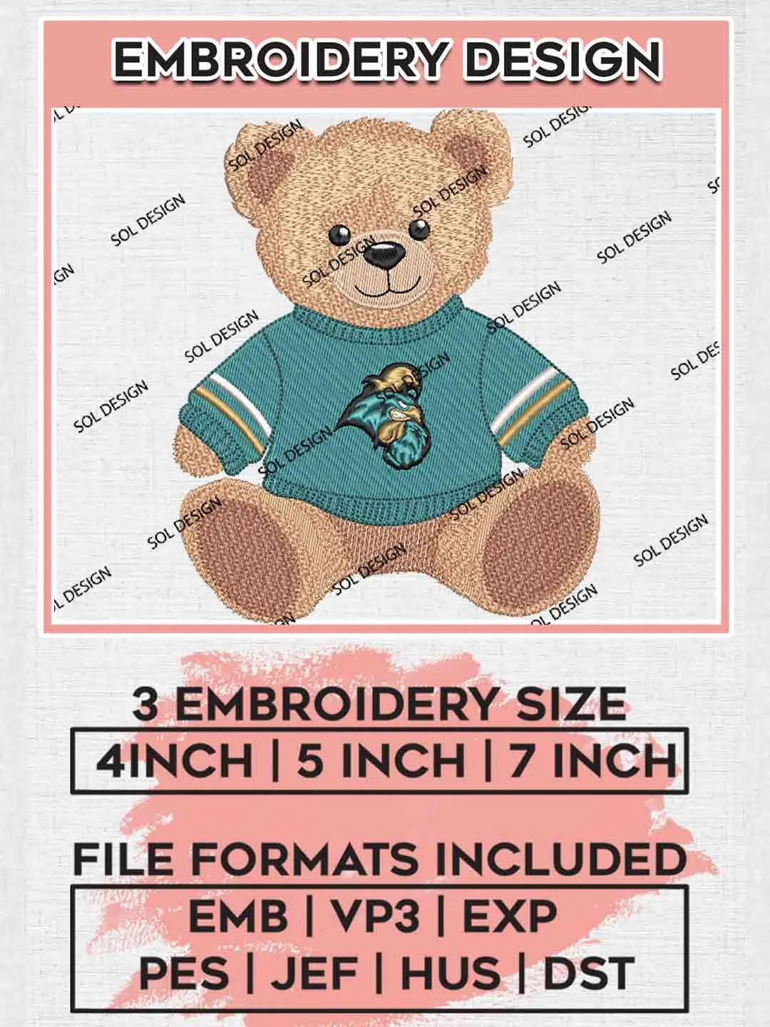 Coastal Carolina Chanticleer Teddy Bear Embroidery Design, Football Embroidery files, Sport Machine embroidery files, 3 sizes, Instant Download