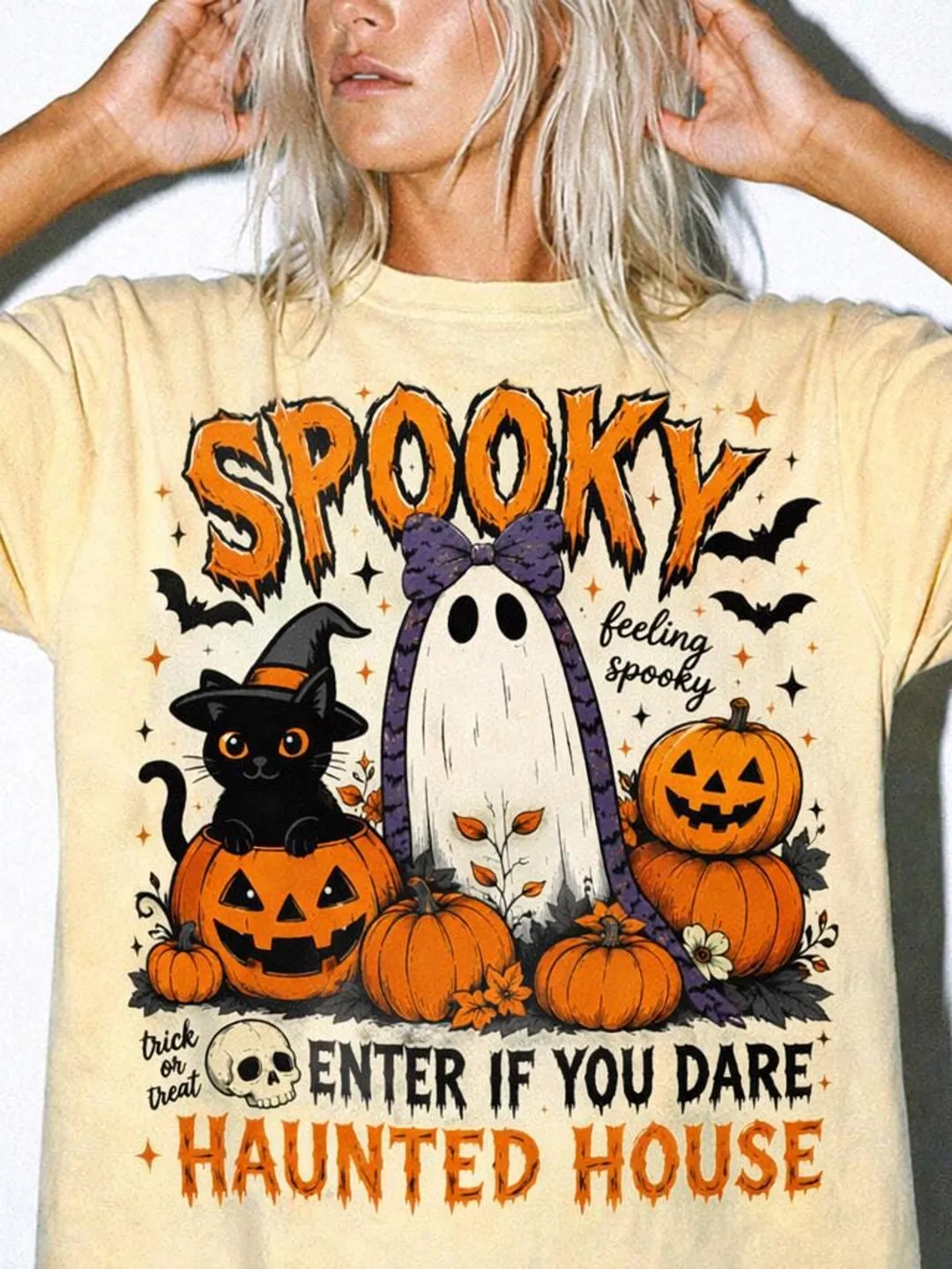 Haunted House Halloween T-Shirt | Spooky Ghost, Black Cat, Pumpkin Graphic Tee