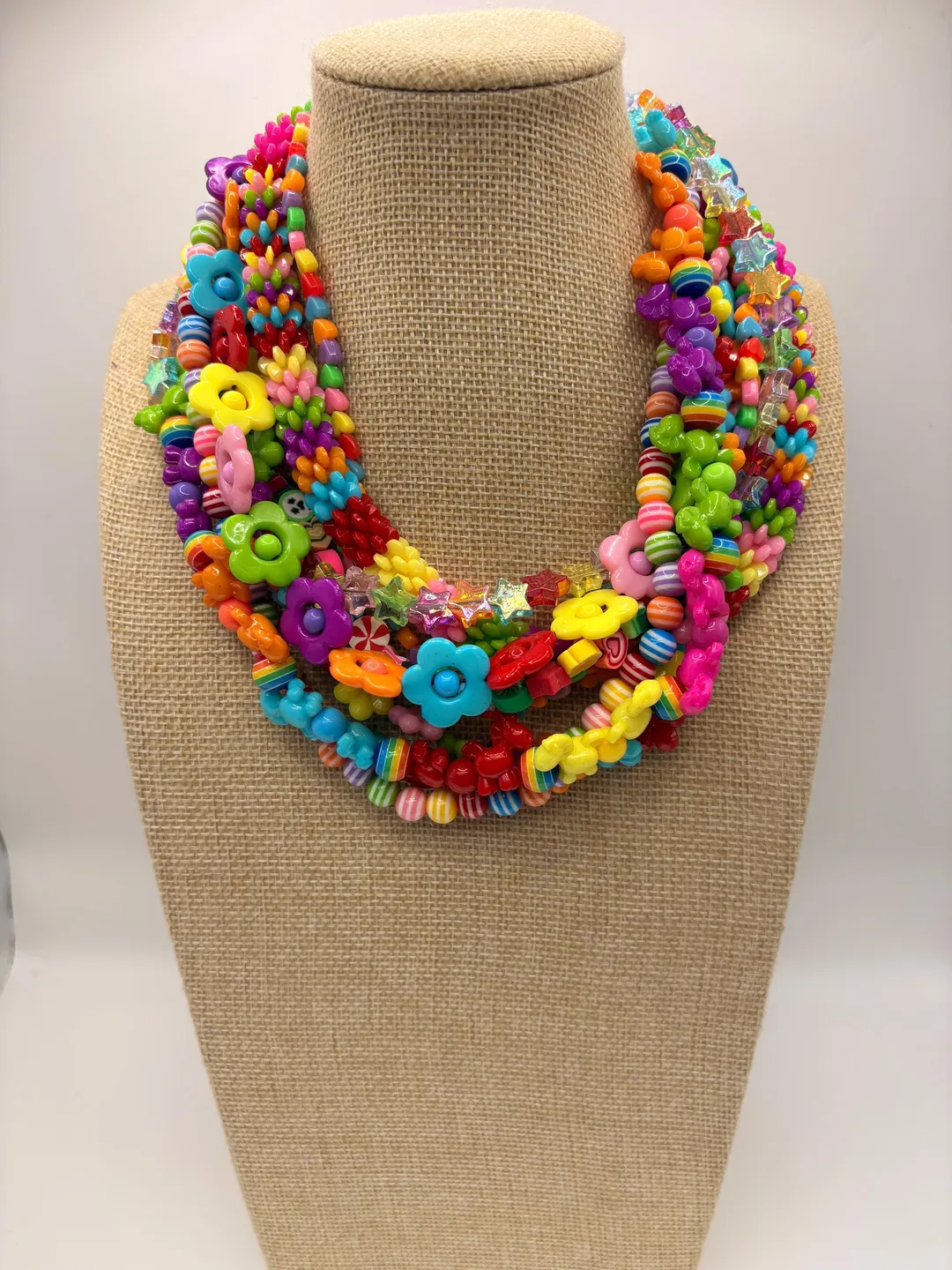 Multi-Layer Beaded Necklace: Colorful Flowers, Stars, Hearts – Statement Jewelry (22 inches)
