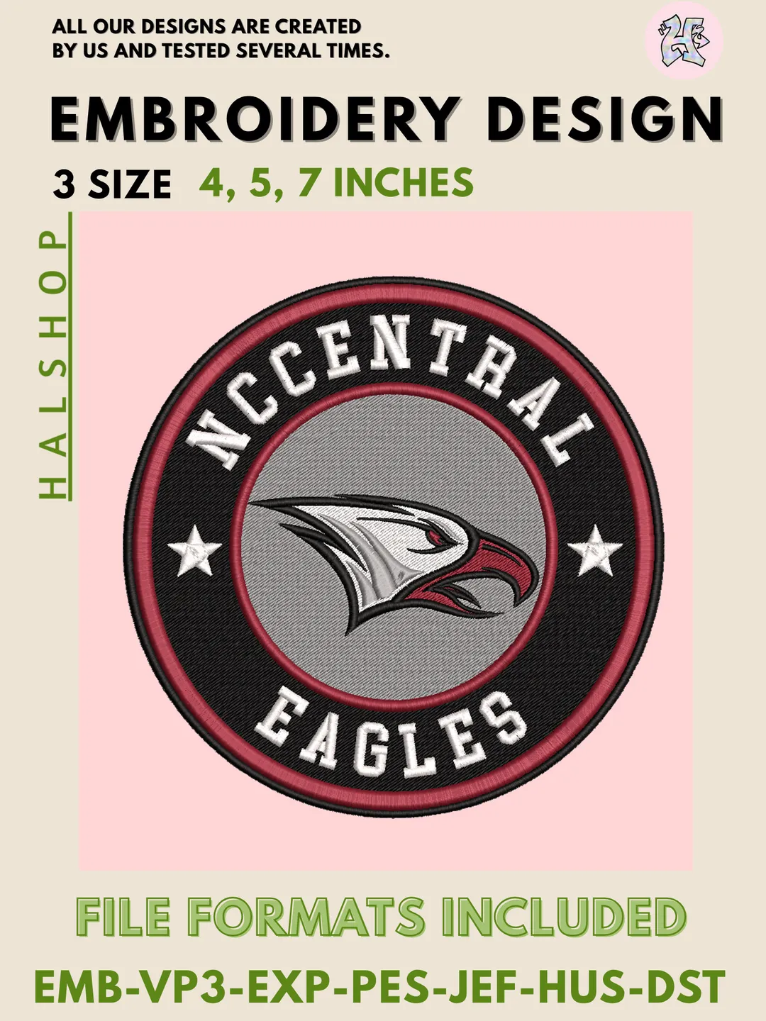 NCAA North Carolina Central Eagles Logo Embroidery Design Files, College Team Machine Embroidery, 3 Sizes, Digital Download