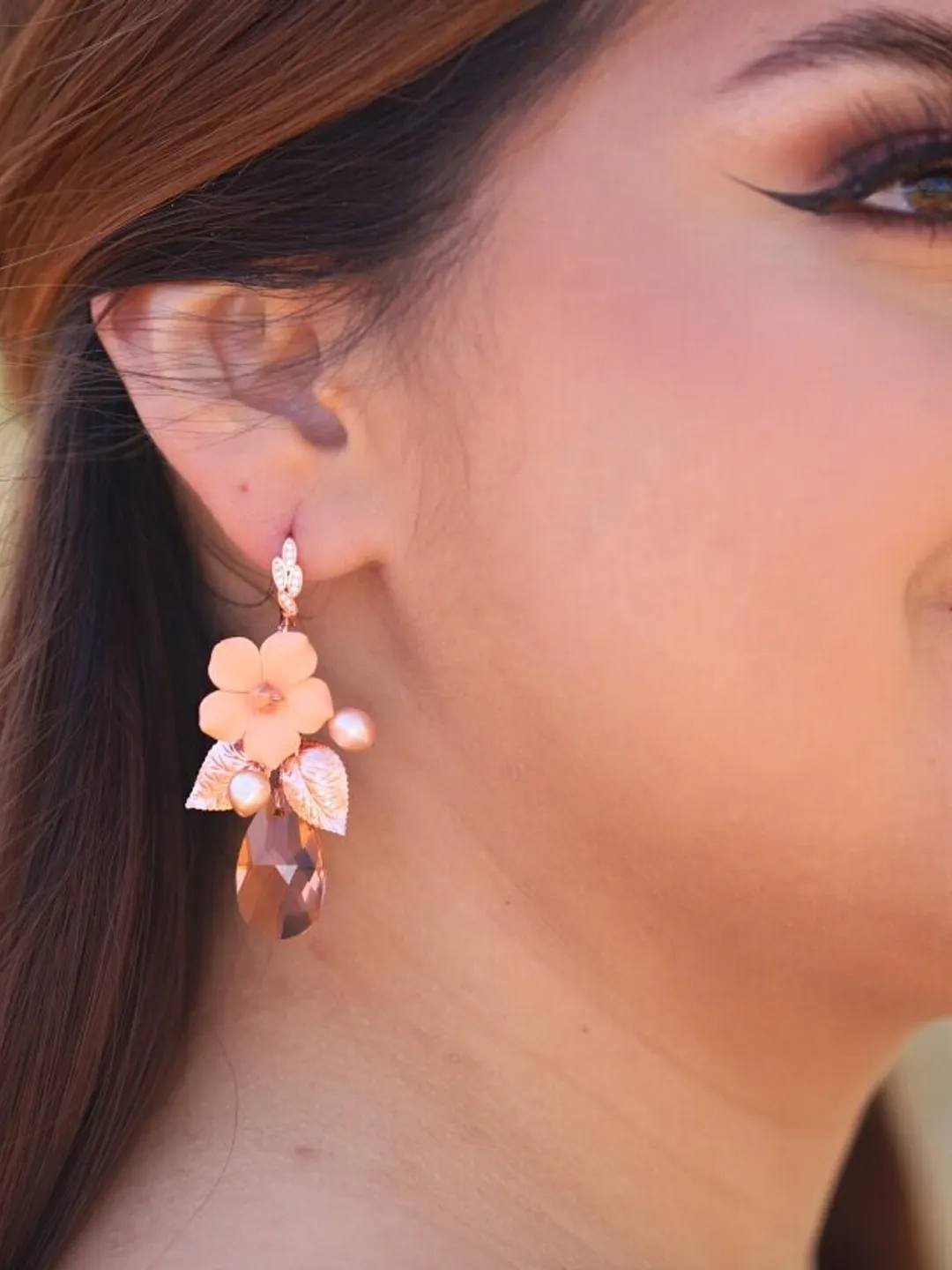 Delicate Porcelain Flowers Boho Wedding Earrings, Rose Gold Blush Chandelier Statement Floral Bridal Earrings, Leaf Wedding Jewelry Set
