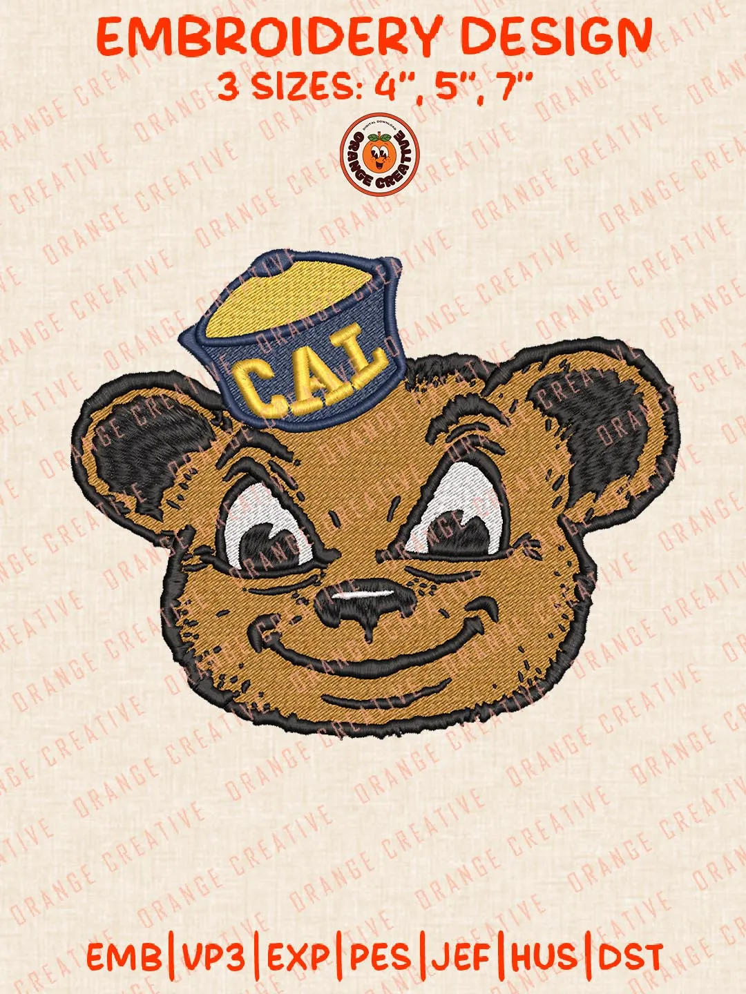 California Golden Bears Head Mascot Embroidery Design, NCAA Team Logo Embroidery Design, Machine Embroidery Design File, 4 Sizes, Custom Size, Digital Download