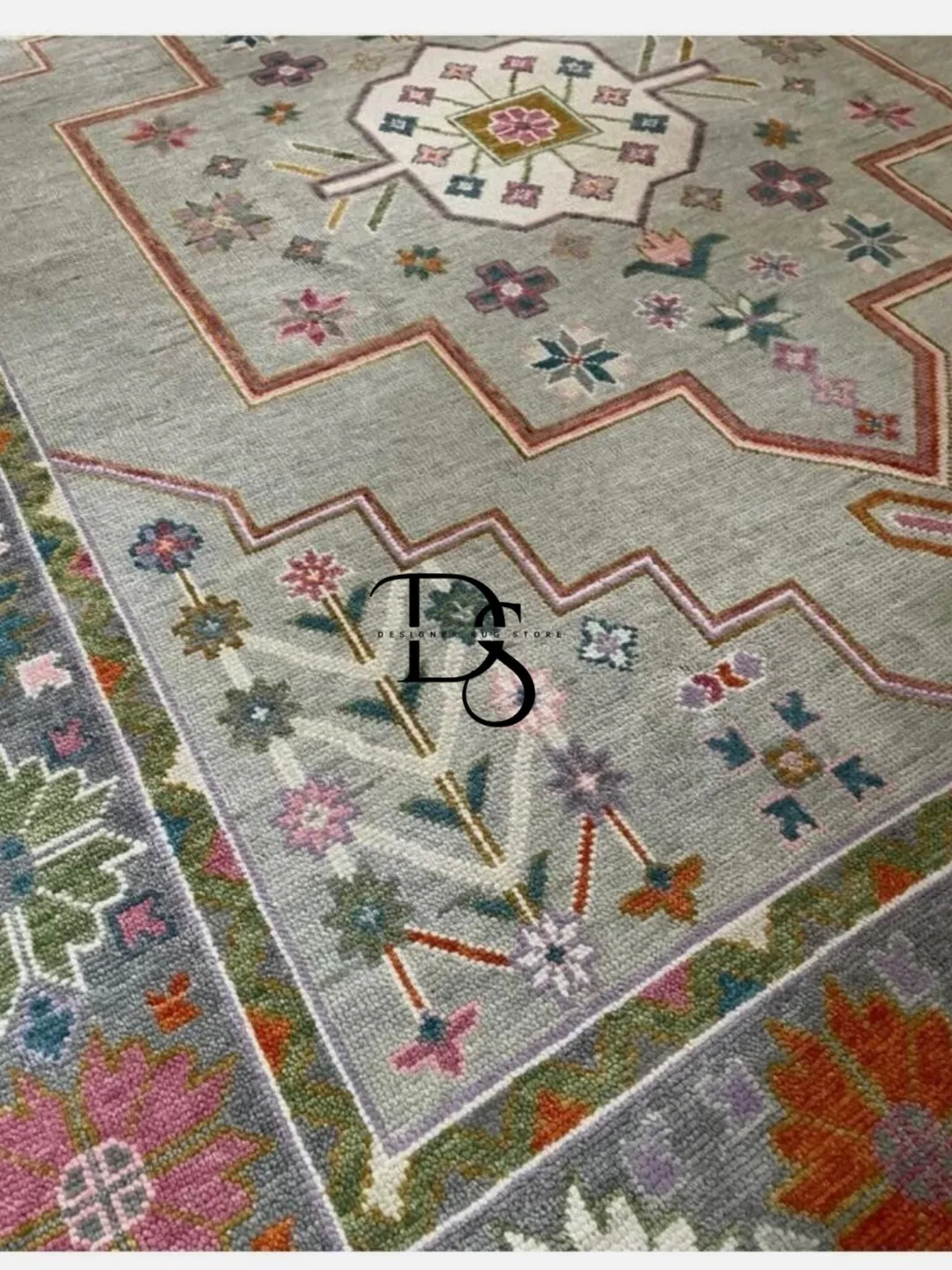 Hand Knotted Wool Oushak Rug: Beige Floral Oriental Design