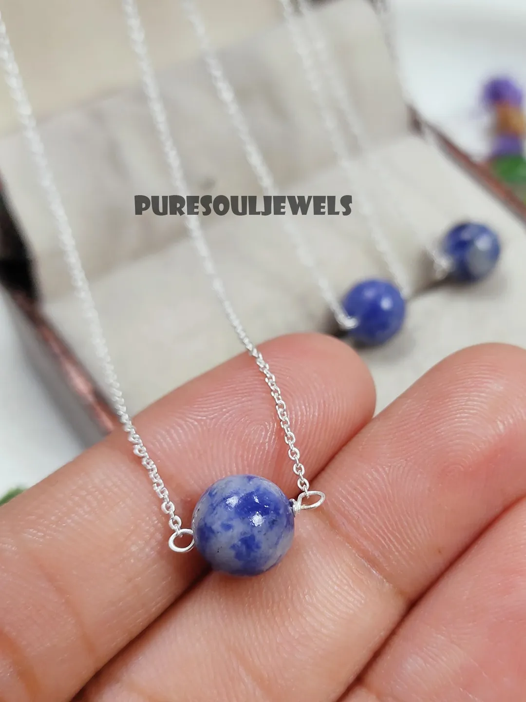 Natural Sodalite Orb Necklace, 925 Sterling Silver, Minimalist Necklace, Statement Necklace, Gemstone Necklace, Women Necklace for Gift