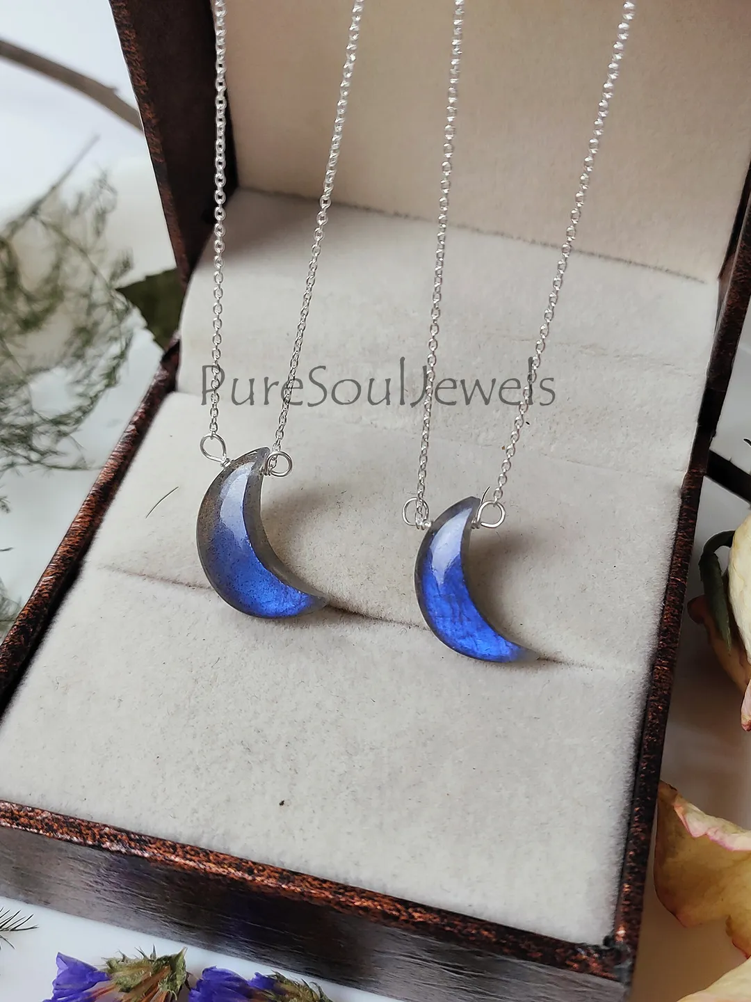 Labradorite Moon Pendant Necklace: Sterling Silver Crescent Gemstone