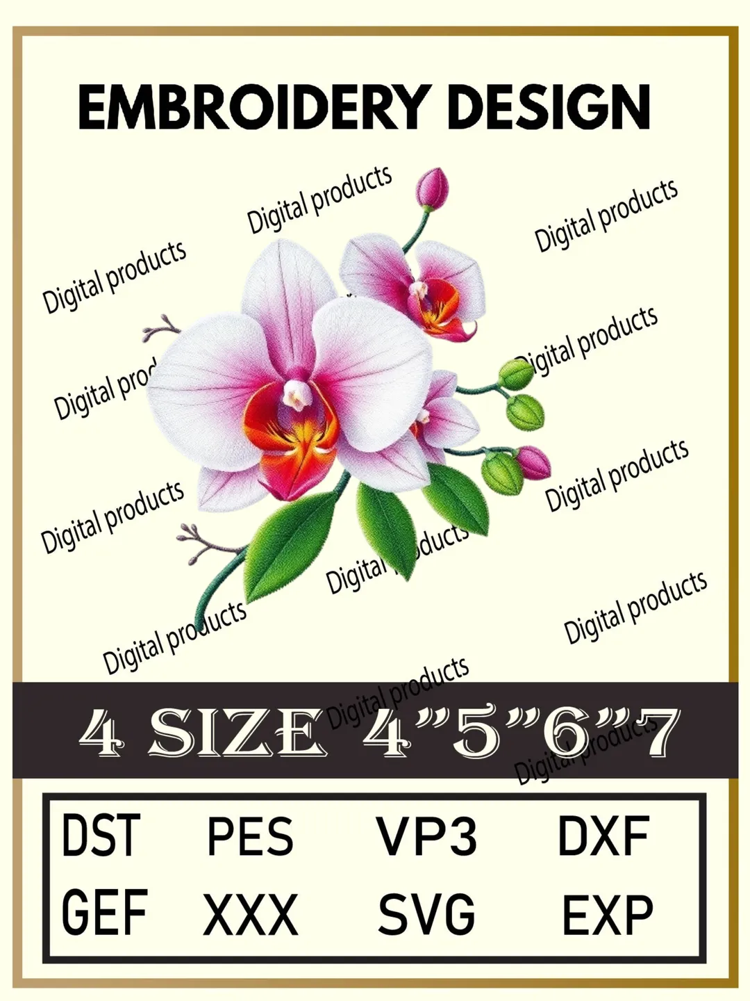 Orchid Embroidery Design Digital Pattern with Pink, White, and Purple Blossoms for Machine Embroidery Projects in Four Sizes with Multiple Compatible Formats Including DST, PES, VP3, DXF, GEF, XXX, SVG, EXP Download