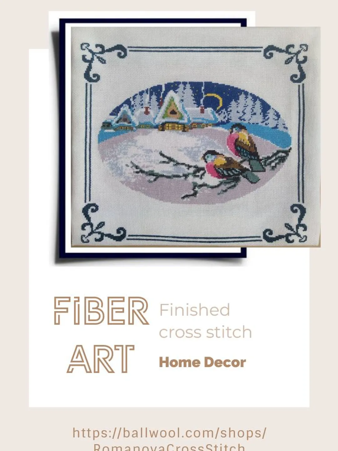 Handmade bullfinches painting, winter landscape wall art, for wall decor, finished cross stitch