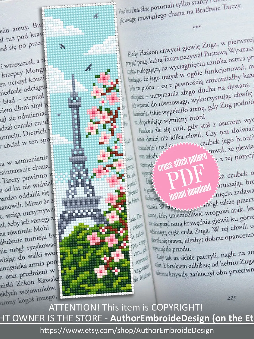 French bookmark cross stitch pattern PDF download Spring nature cross stitch chart, Bookmark pattern digital PDF, Paris Eiffel Tower #B21