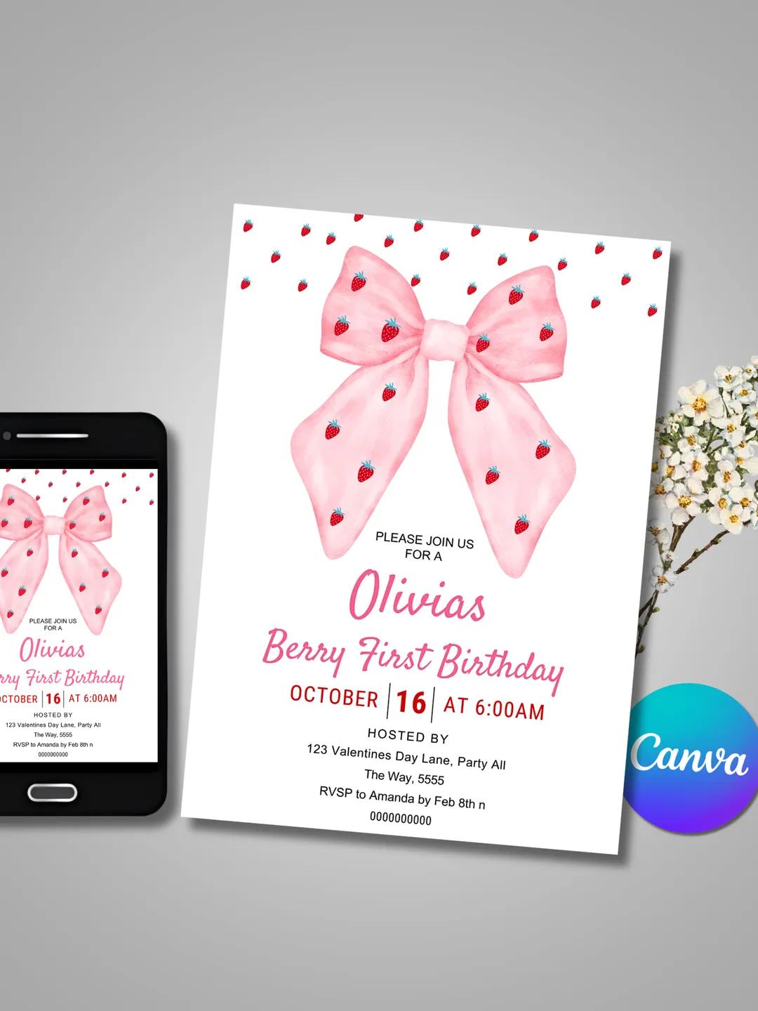 Berry First Birthday Invitation Template | Berry Sweet One 1st Birthday ...