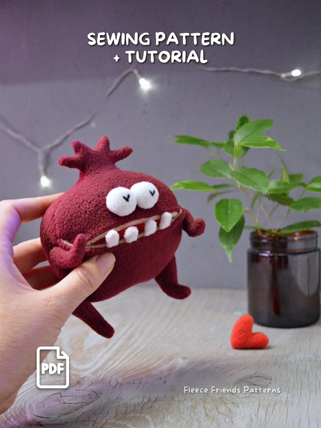 Pomegranate Monster Sewing Pattern PDF, Plush with Secret Mouth Pocket, Easy Fruit Monster Soft Toy