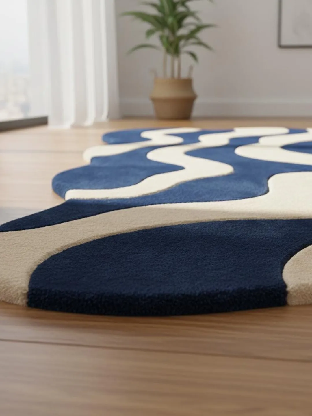 Blue Wavy Pattern Rug Blue Cream Wavy Rug | Modern Abstract Mid-Century Carpet