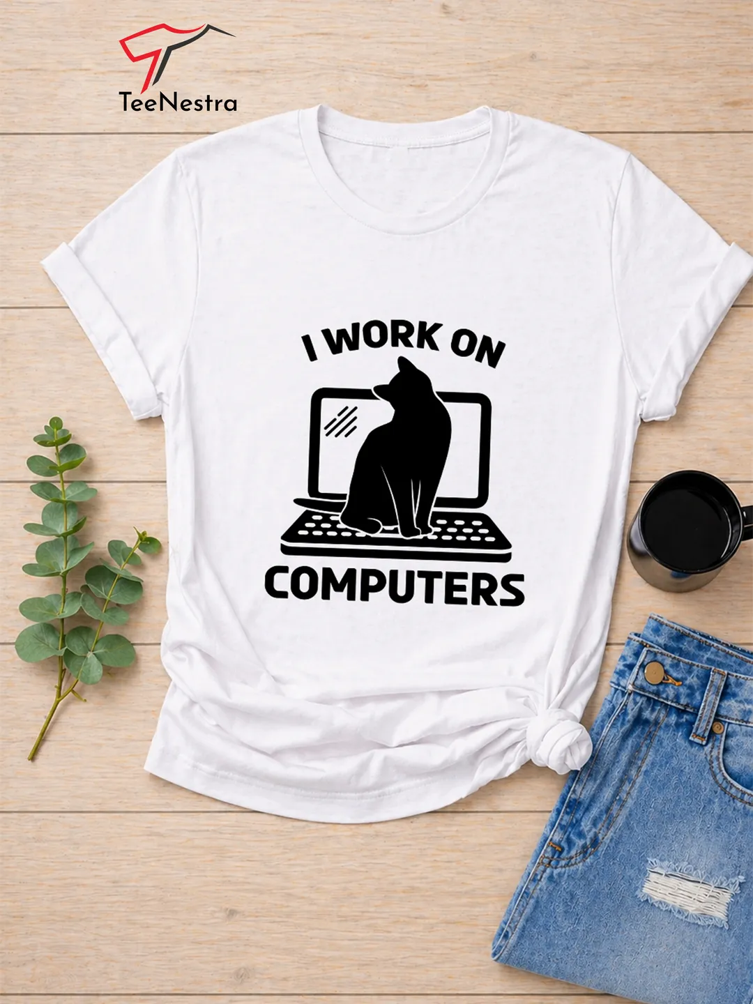 I Work On Computers Shirt - Funny Cat Tech Tee - IT Programmer Gift - Bella+Canvas 3001 (FREE SHIPPING)