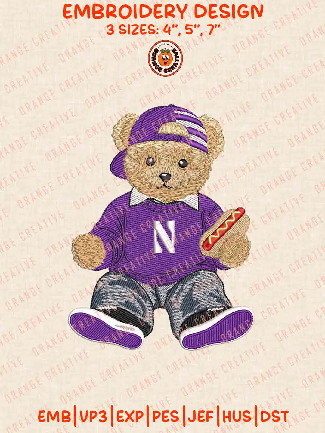 Northwestern Wildcat Teddy Bear Embroidery Design Files, Football Embroidery Designs, Sport Machine Embroidery Files, 3 Sizes, Custom Sizes, Instant Download