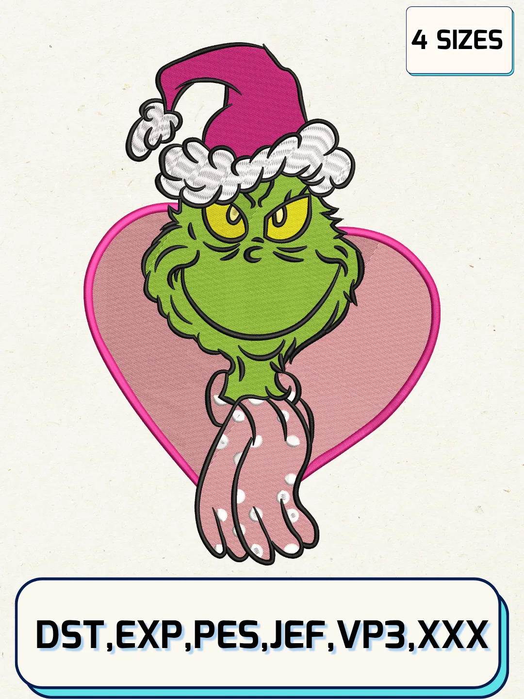 Dr. Seuss Grinch Pink Heart Embroidery Design,Christmas Embroidery Designs,Machine Embroidery Files,Grinch Embroidery Design,4 Sizes