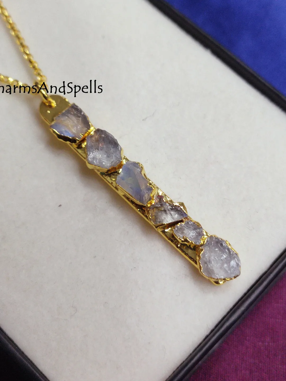 Raw Moonstone Bar Necklace, Birthstone Jewelry, 5 Stone Pendant, Boho Crystal Necklace, Gift For Her