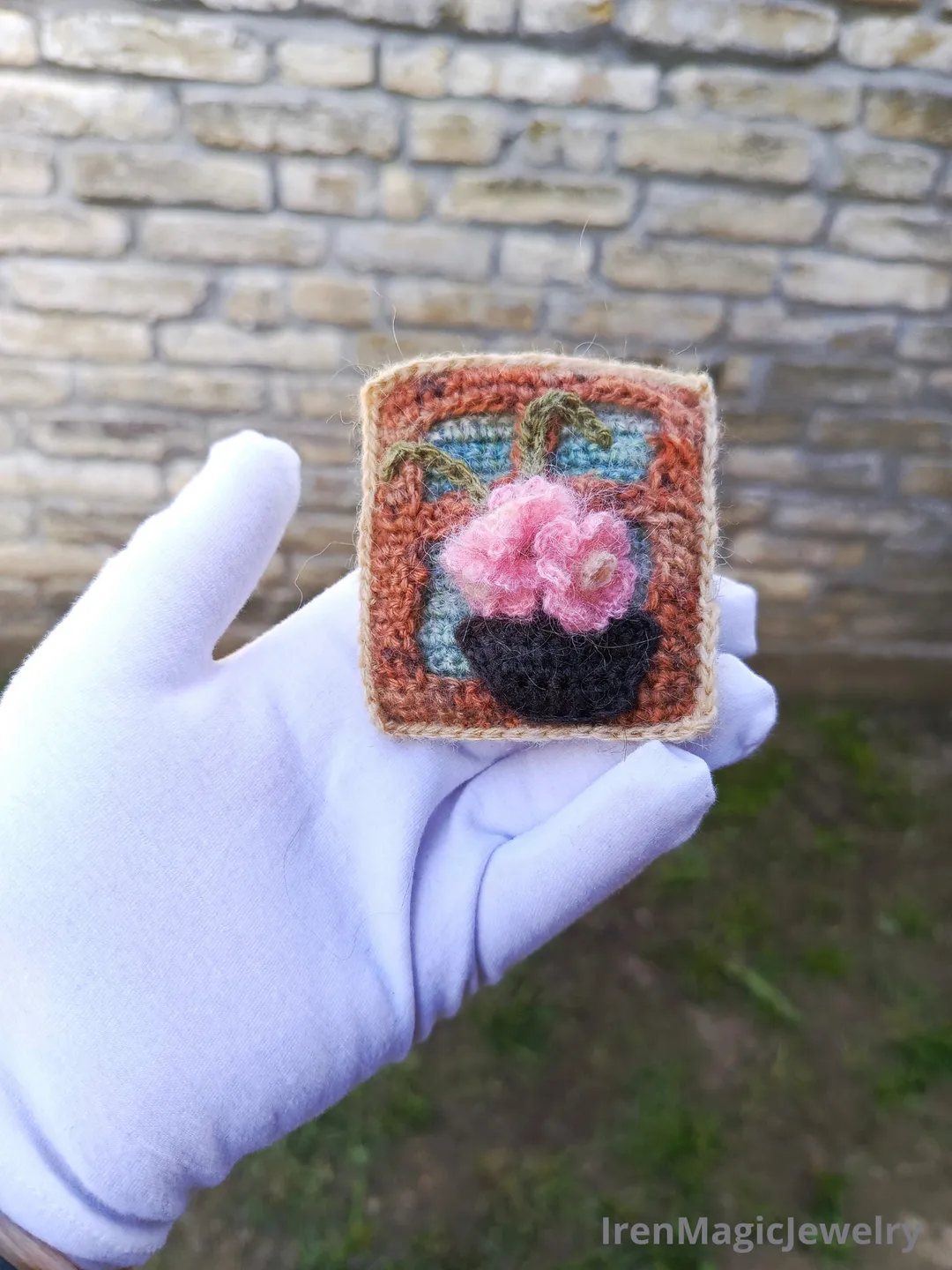 Crochet Brooch with Pink Flowers in Pot by the Window