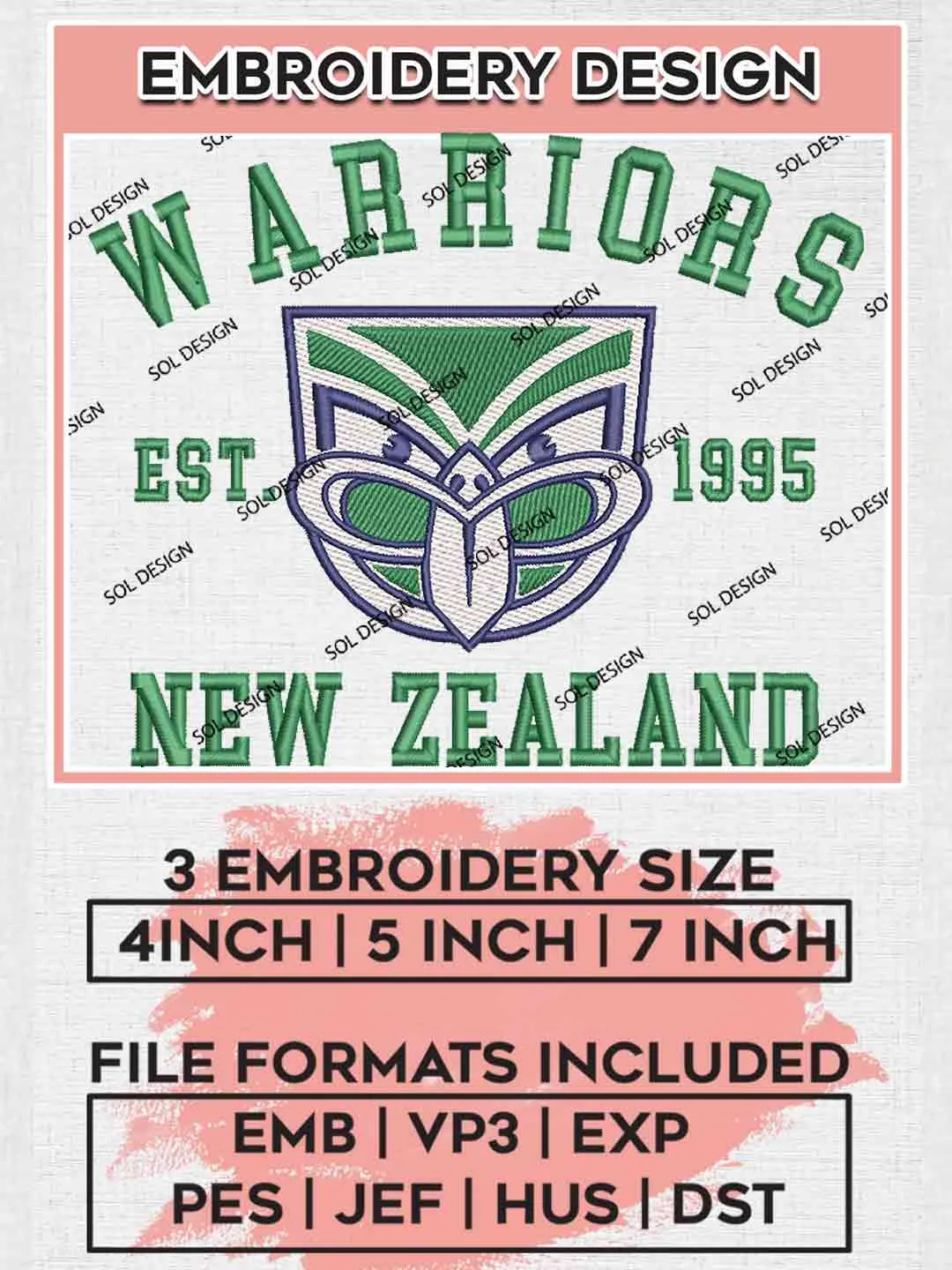 NRL New Zealand Warriors Est 1995 Embroidery Design, National Rugby League Embroidery Design, New Zealand Warriors Logo Embroidery Design, NRL Machine Embroidery Digitized Pes File, 3 Sizes, Instant Download