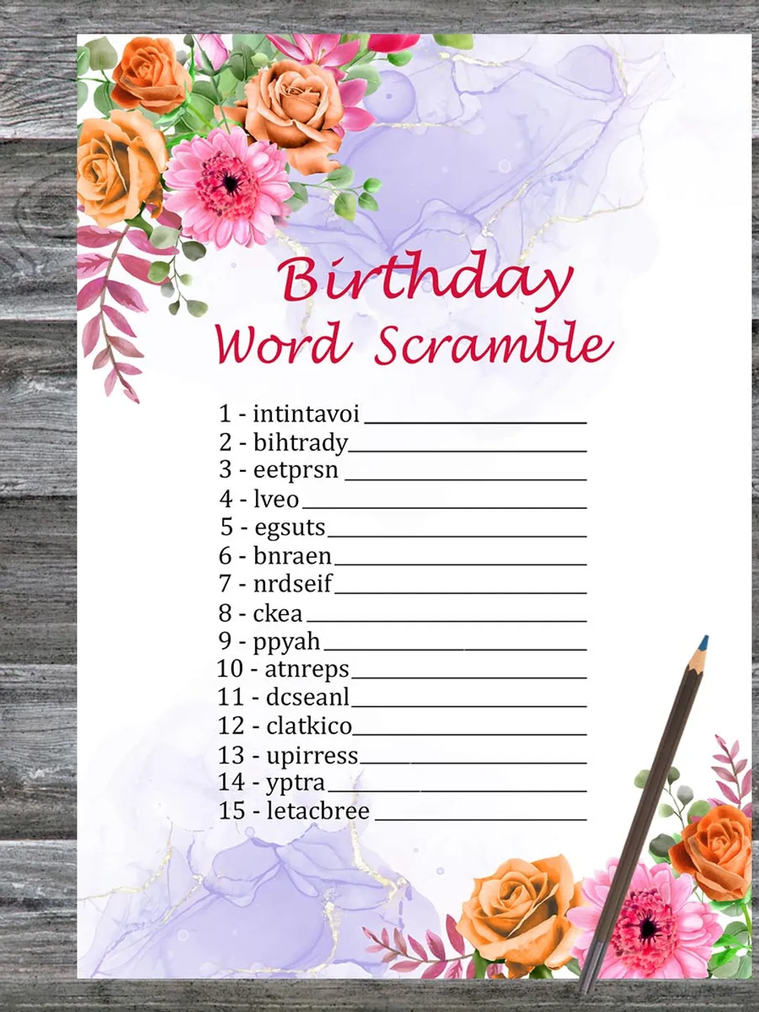 Flowers Birthday Word Scramble Game,Adult Birthday party game-fun games for her-Instant download