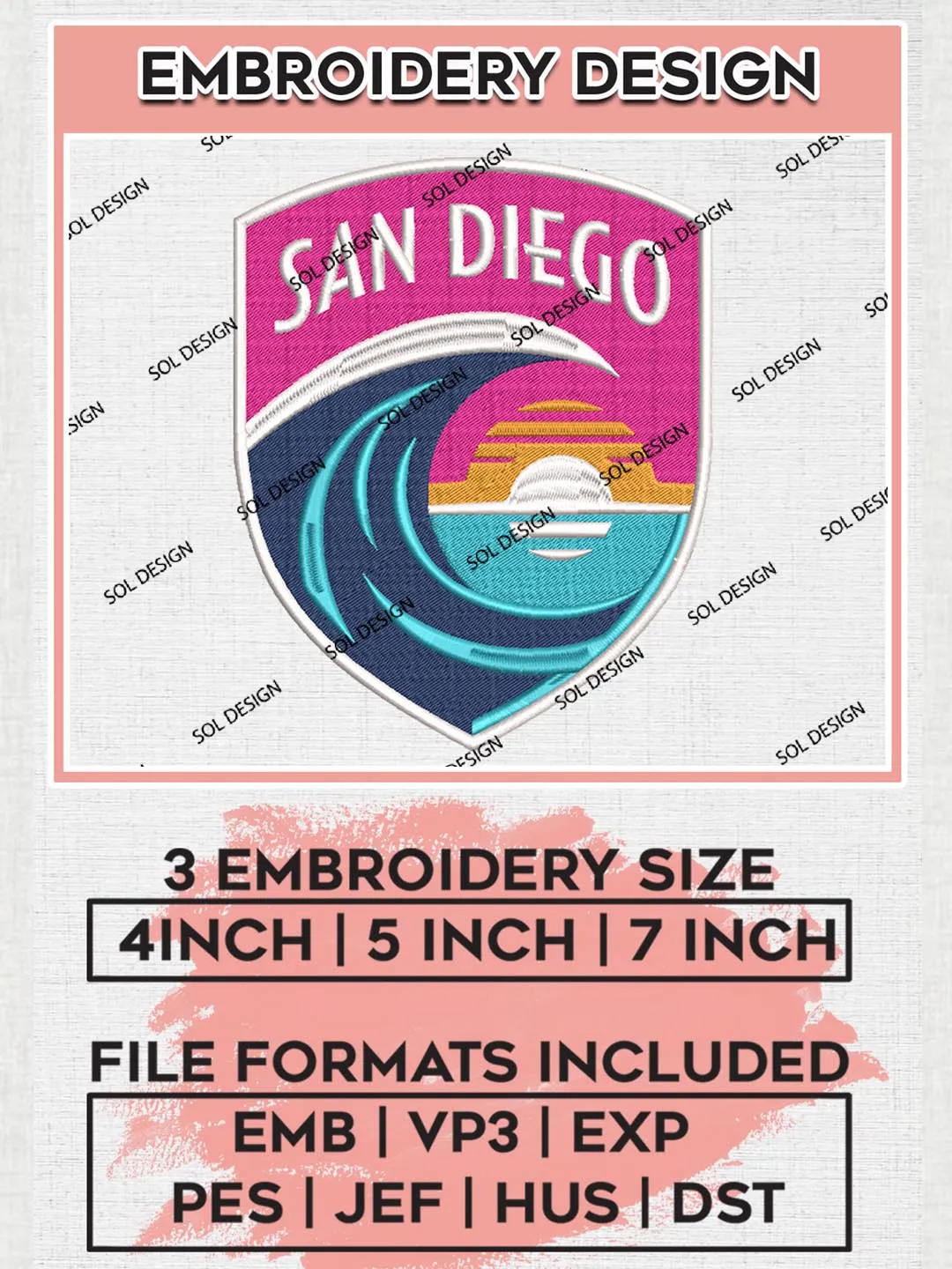 NWSL San Diego Wave FC Logo Embroidery Designs, NWSL San Diego Wave FC Machine Embroidery Design, Football Team Logo Embroidery Files, NWSL Team, 3 sizes, Machine embroidery Files, Digital Download