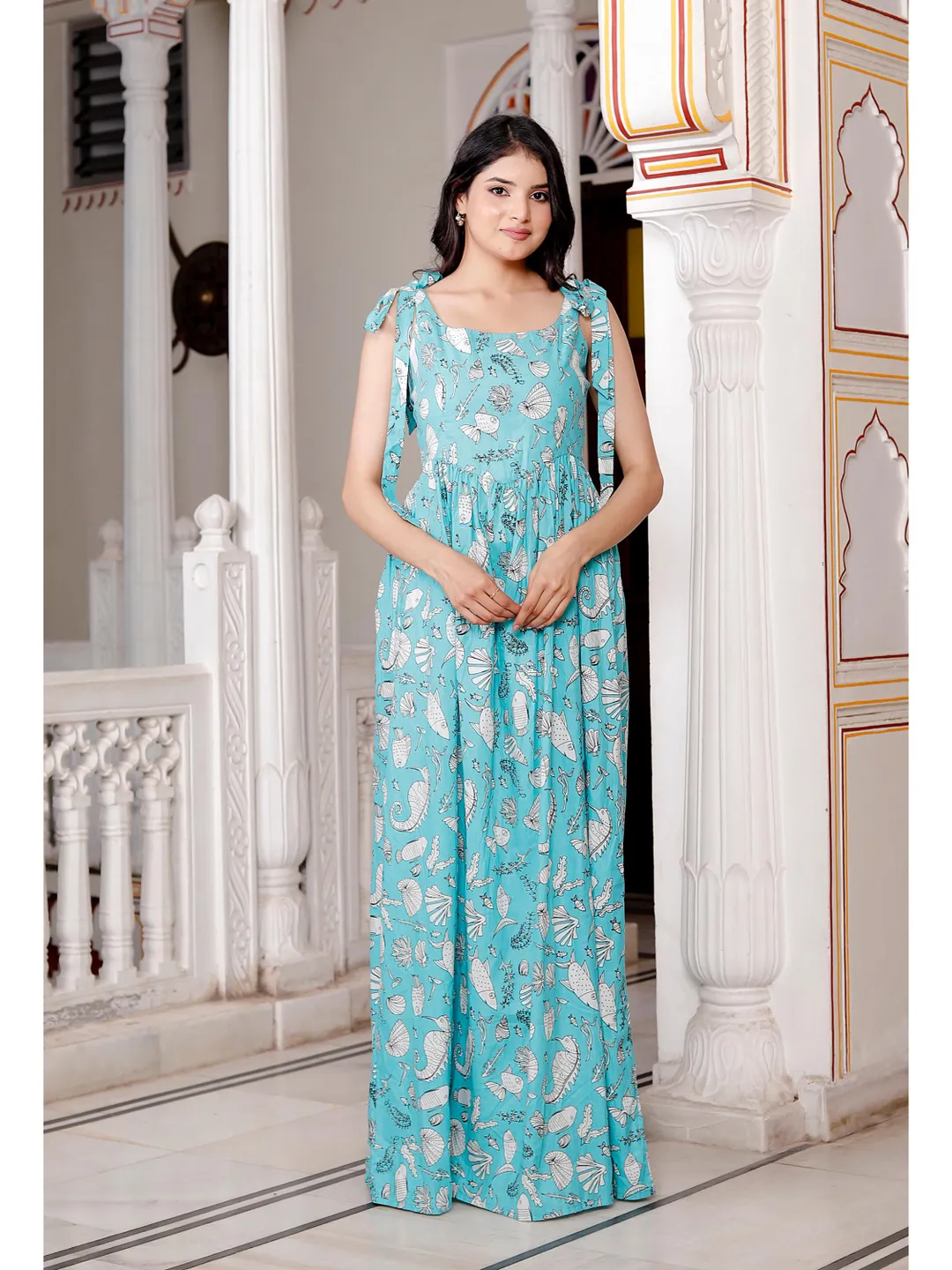 Sea Green Cotton Maxi Dress: Shell Print, Boho Beach Resort Wear
