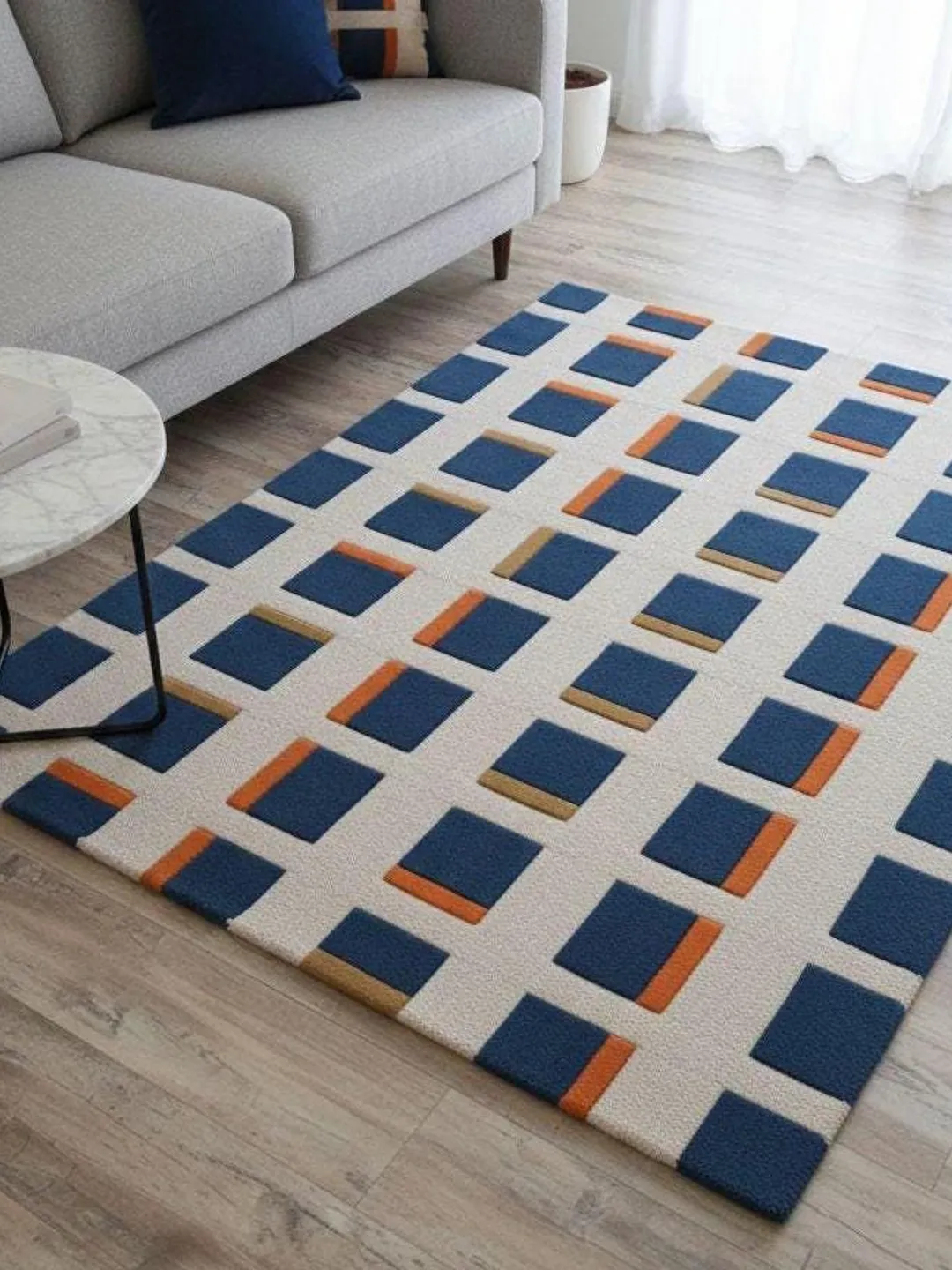 Colorful Grid Design Hand-Tufted Rug - Modern Wool Accent Rug in Blue ...