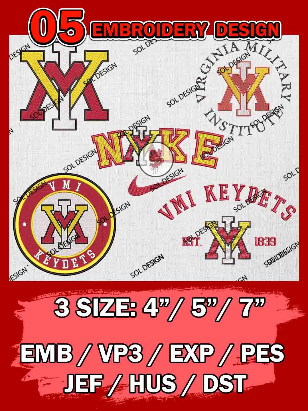 5 NCAA VMI Keydets Bundle Embroidery Files, NCAA VMI Keydets Team Bundle Embroidery Designs, NCAA Teams, National College Football Team 3 sizes, NCAA Keydets Machine Embroidery, Digital Download