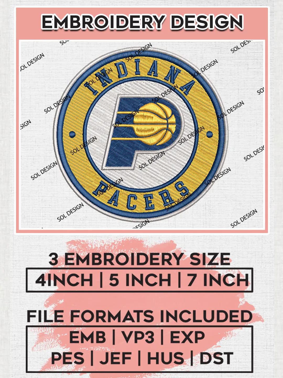 Indiana Pacers NBA Basketball Team Logo Embroidery Design, NBA Indiana Pacers Logo Embroidery Files, Basketball Team Machine Embroidery, Machine Embroidery Design