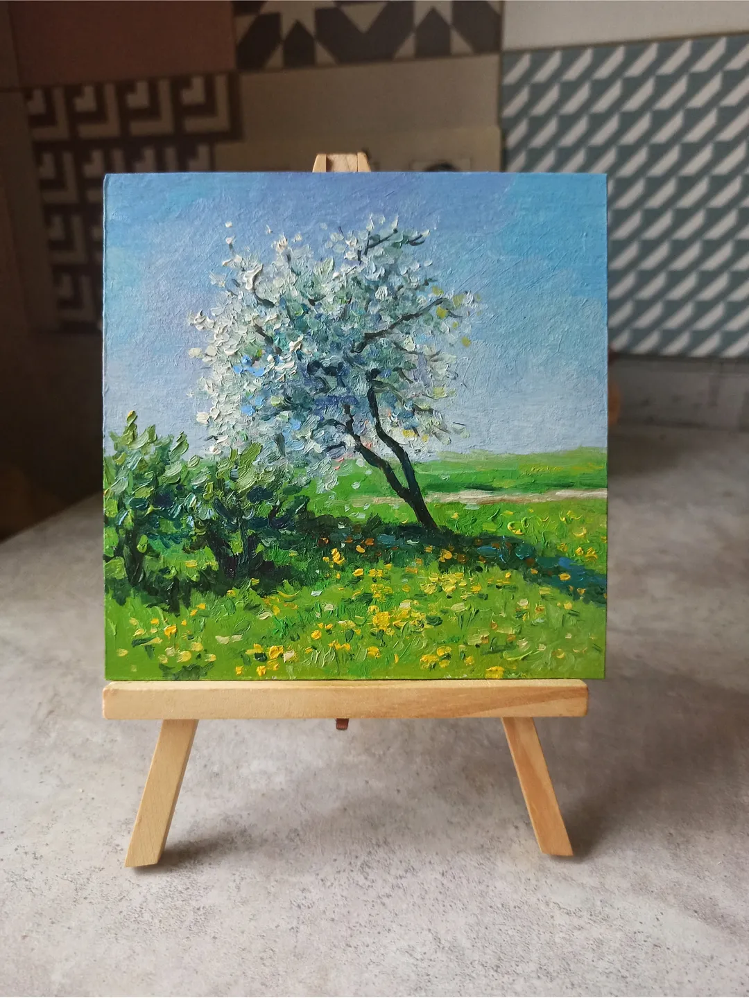 Original oil painting 5x5 inches, Apple tree in bloom, Landscape, Fruit tree, Apple tree in spring