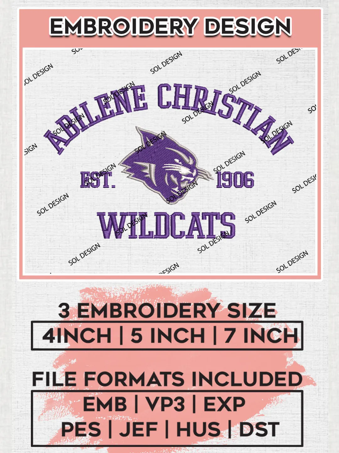 Abilene Christian Wildcats Est 1906 Embroidery Designs, NCAA Abilene Christian Wildcats Team Embroidery, NCAA Team Logo, 3 sizes, Machine embroidery Files, Digital Download