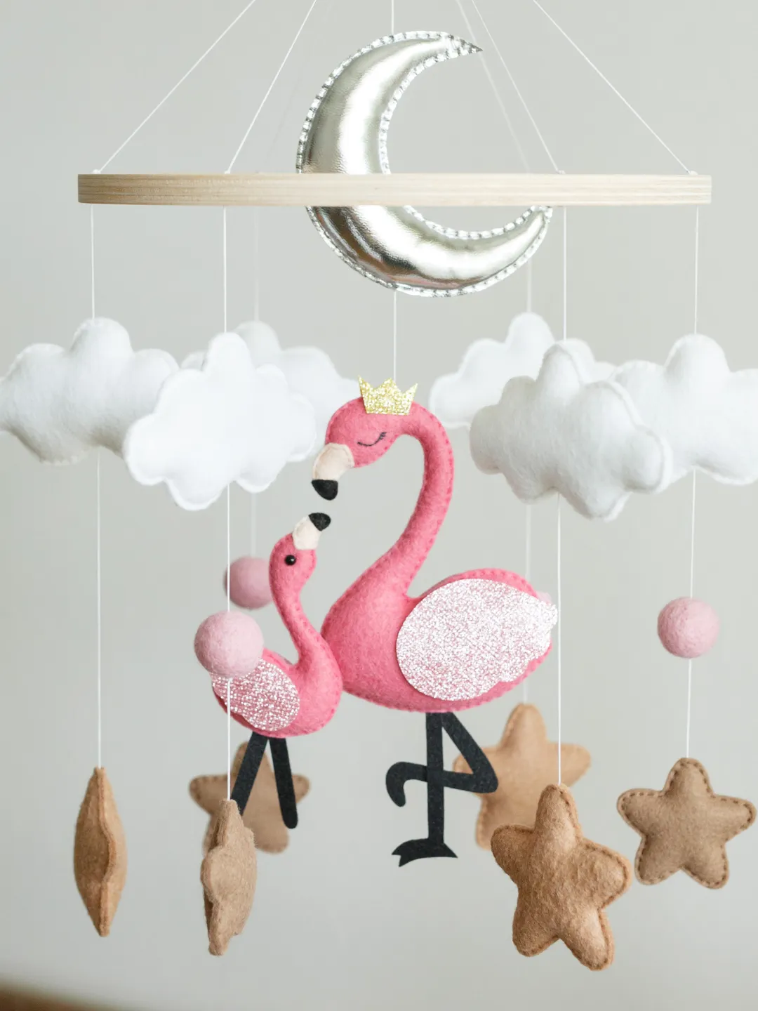 Handcrafted Flamingo, Stars, Clouds and Safari Themed Felt Baby Mobile - Customizable Nursery Decor