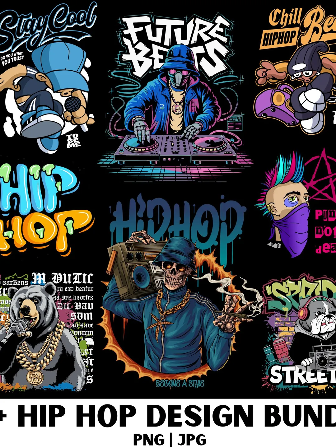 Hip Hop Rapper T-Shirt Designs: 50 PNG Bundle (Digital Download)