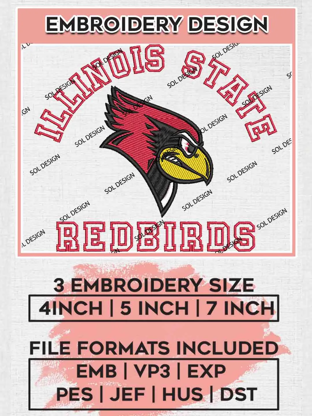 Illinois State Redbirds Logo Embroidery Designs, NCAA Logo Embroidery files, NCAA Illinois State Team, Machine embroidery designs, Instant Download