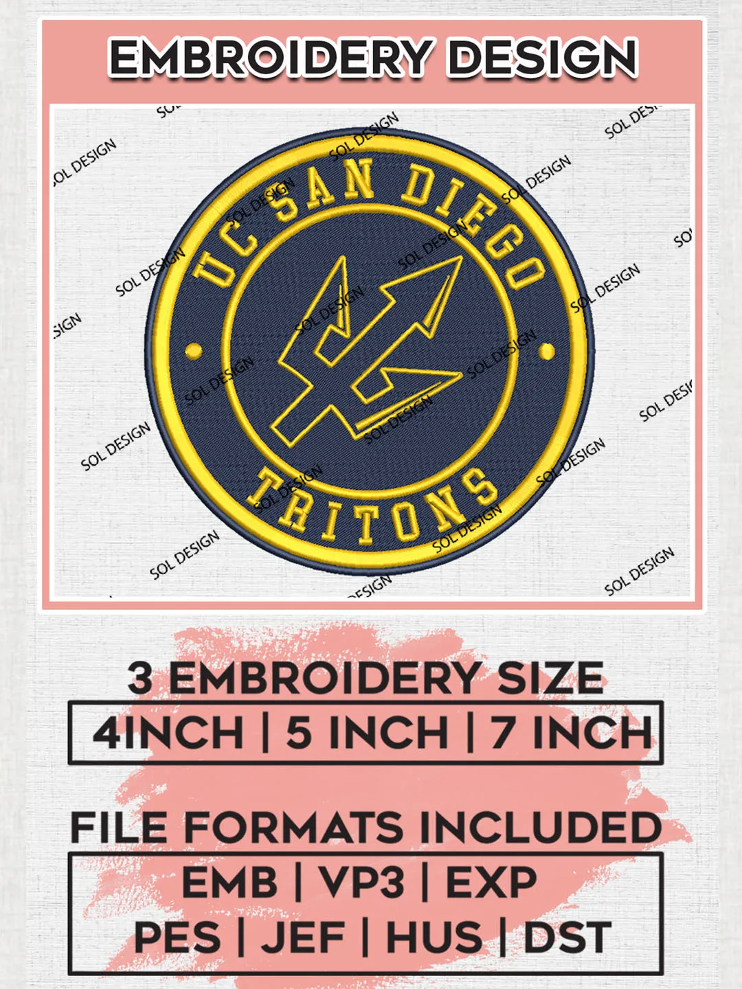 NCAA UC San Diego Tritons Round Logo Embroidery, NCAA UC San Diego Tritons Logo Embroidery files, NCAA Teams, Machine embroidery designs, Digital Download
