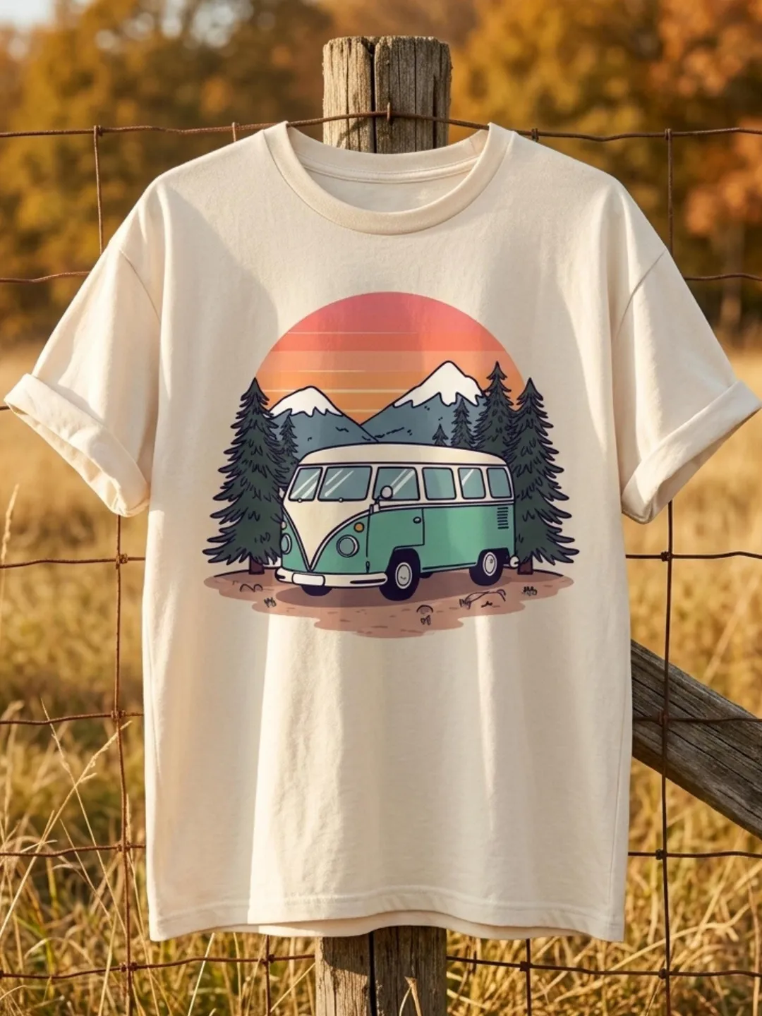 Retro Camper Van PNG, Mountain Sunset Camping Graphic, Outdoor Forest Sublimation, Digital Download Shirt