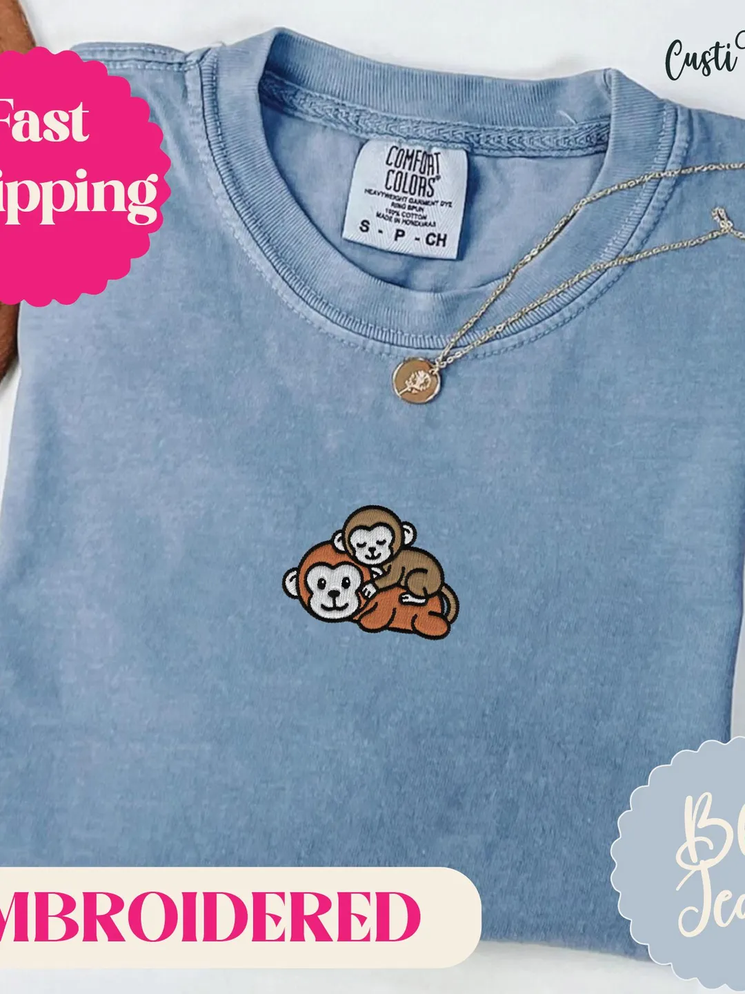 Baby Monkey Punch Shirt Embroidered. Cute Monkey Gift. Comfort Colors Shirt. Funny Animal Shirt. Cute Embroidery Top