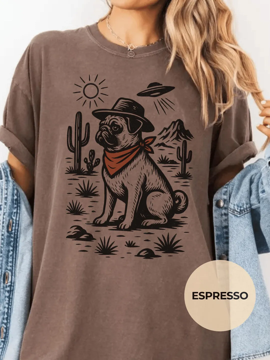 Vintage Pug Cowboy UFO Comfort Colors T-Shirt Western Dog Graphic Tee