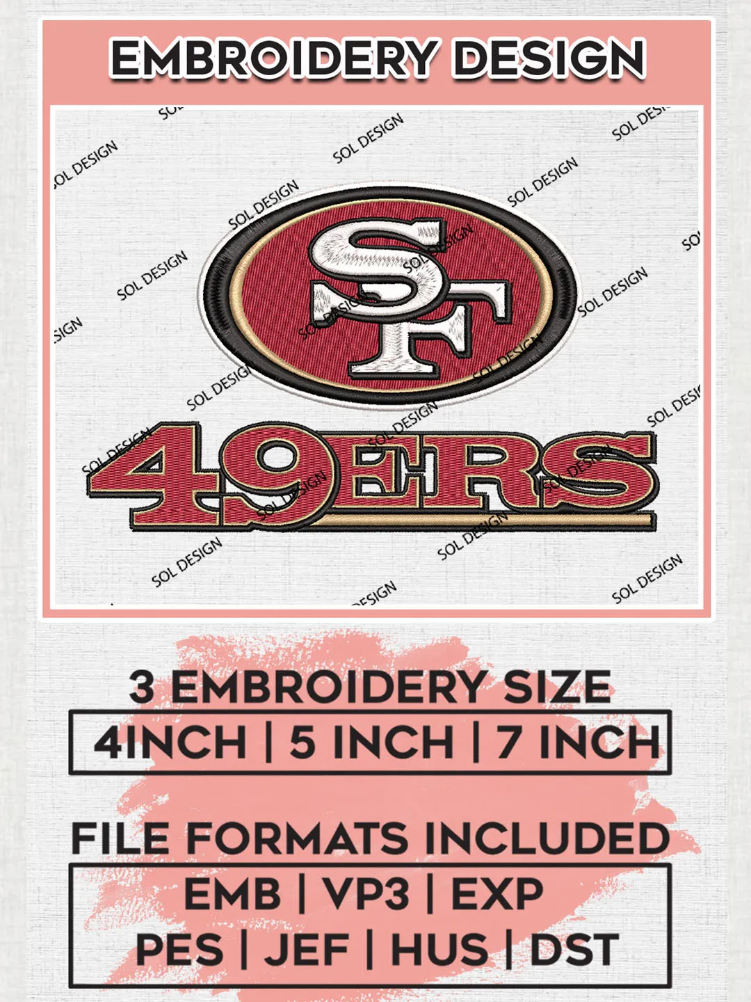 San Francisco 49ers Football Embroidery files, 49ers NFL Logo Embroidery Design, NFL Teams, Football, Digital Download | EMB_SPORT_31