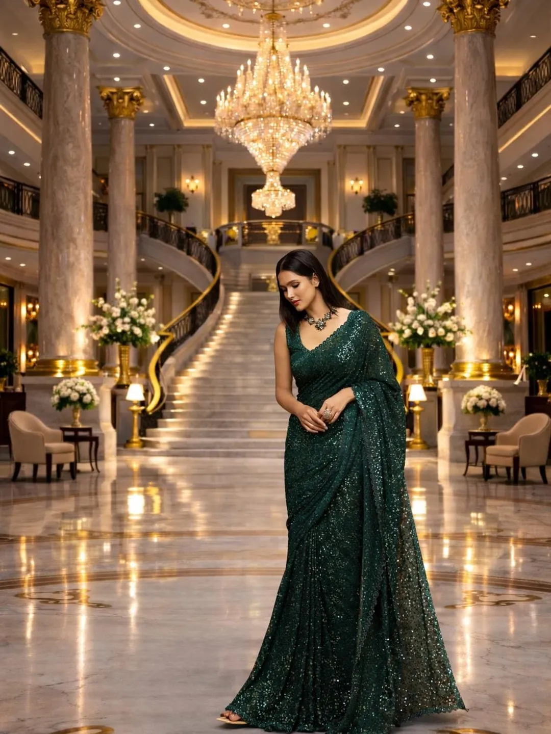 Deep Green Sequin Ready To Wear Saree For Women: Indian Wedding Party Wear