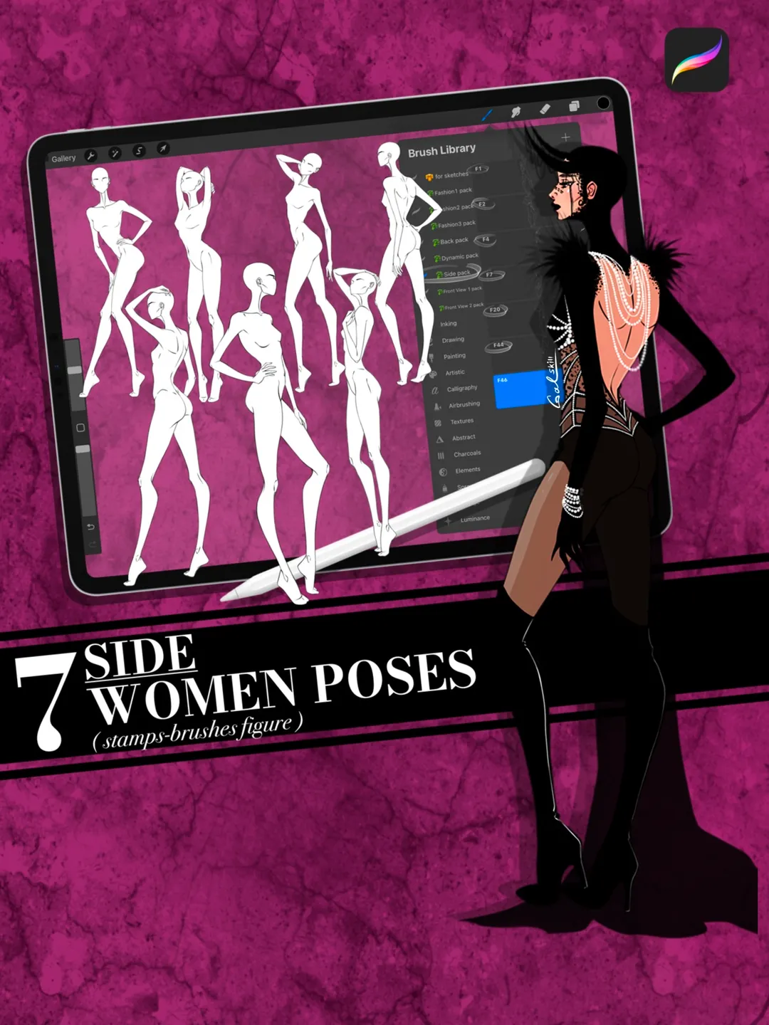 Procreate brushes, body poses of female figure, set "Side"